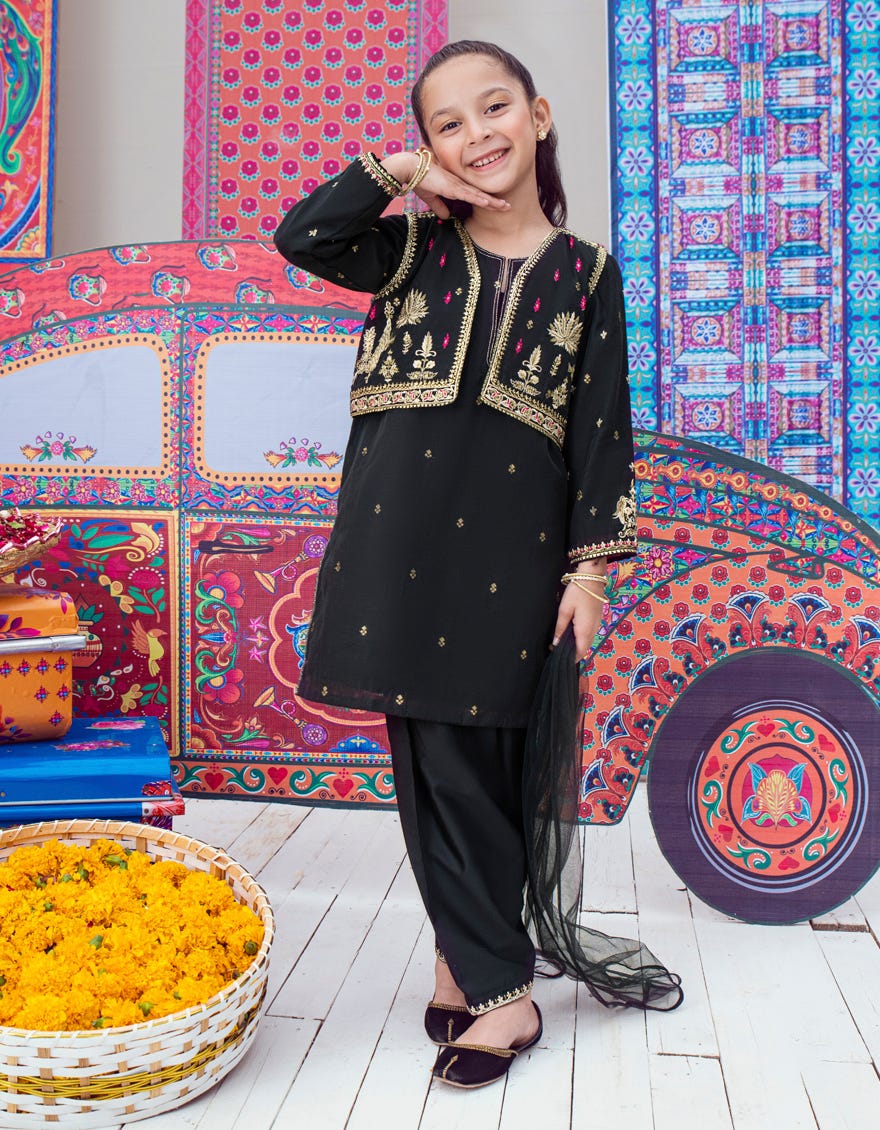 Black Paper Cotton Girls 3 Piece Stitched | Jgk-W-23-1930