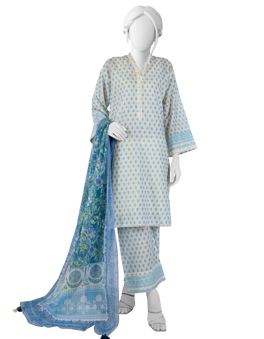 White-Blue Lawn 3 Piece Stitched Dress | Jlawn-S-23-197