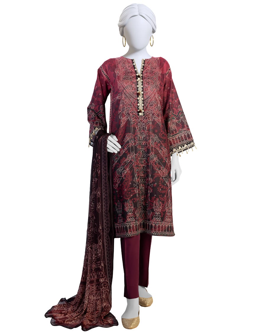 Maroon Lawn 3 Piece Stitched Dress | Jlawn-S-23-199