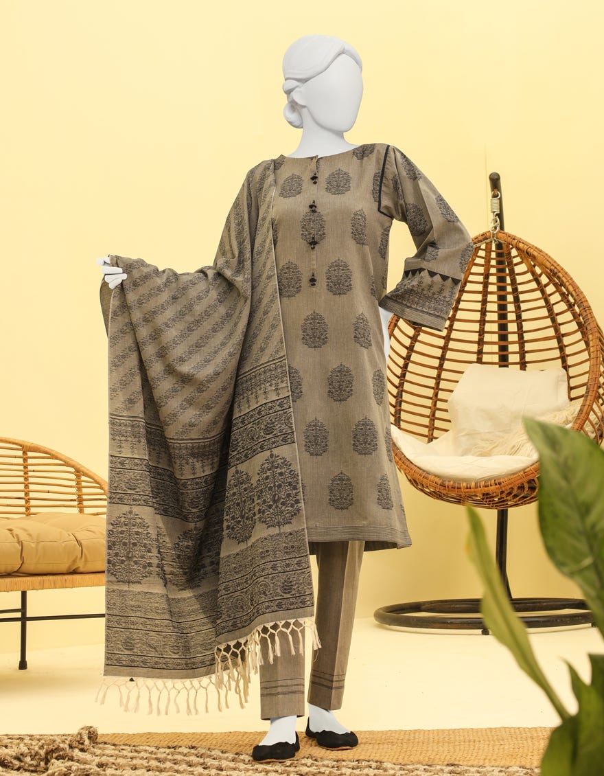 Grey Jacquard 3 Piece Stitched Dress | Jlawn-S-23-207