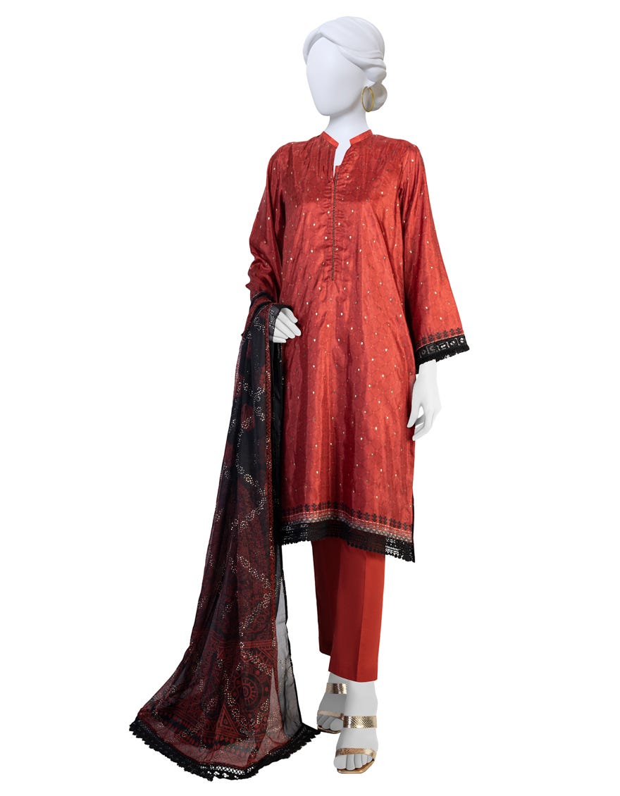 Rust Raw Silk Unstitched 3 Piece Dress | Jlawn-S-23-217