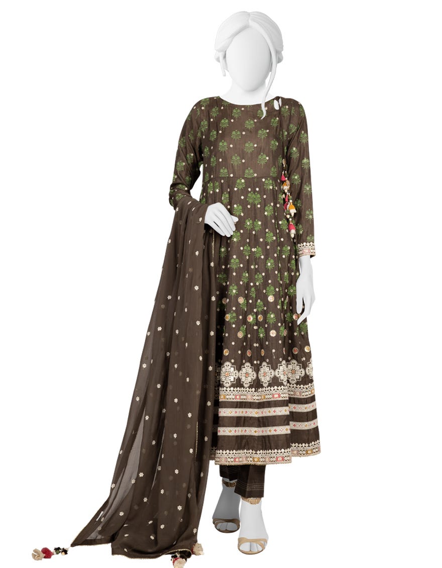 Coffee Raw Silk 3 Piece Stitched Dress | Jlawn-S-23-220