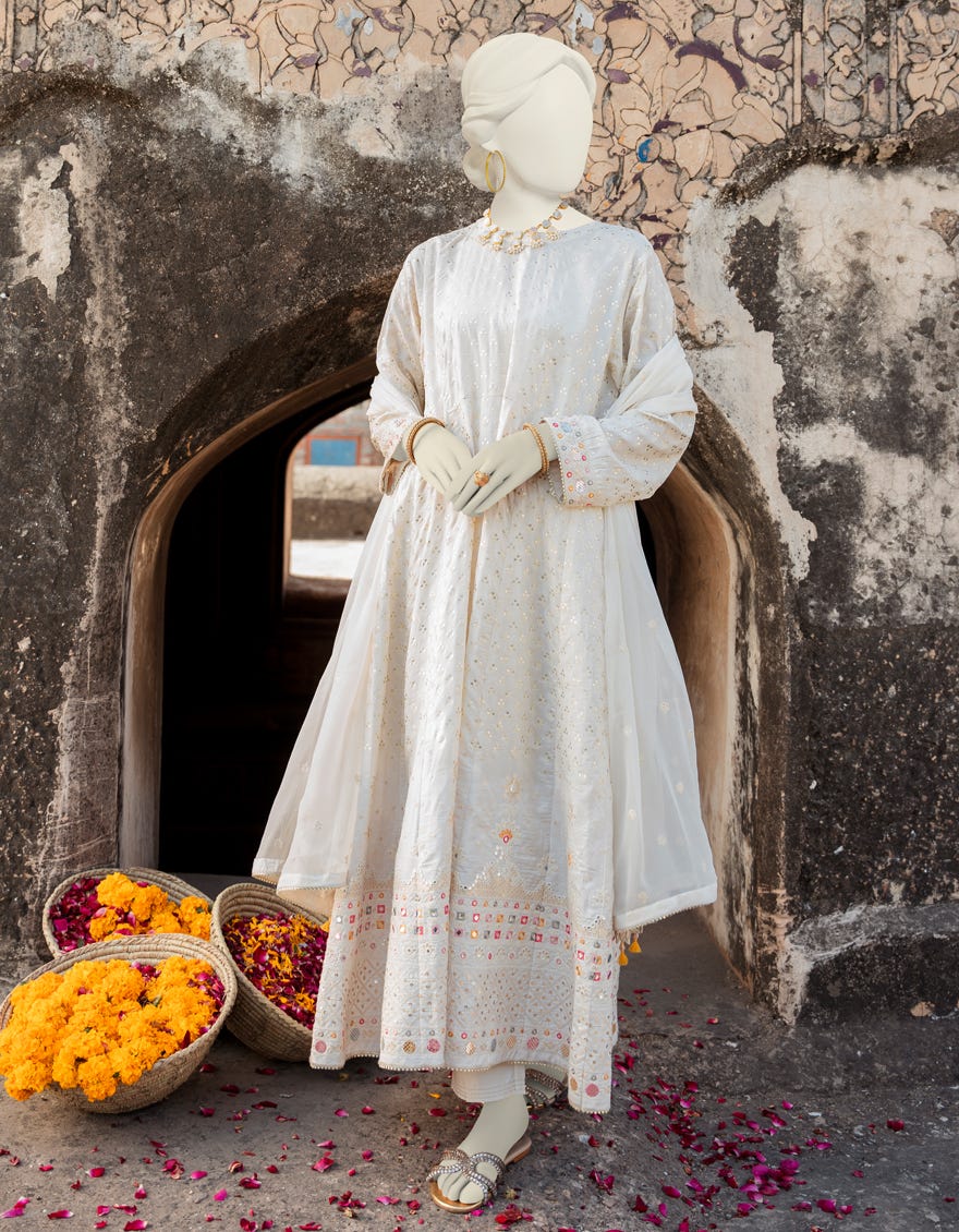 OFF WHITE RAW SILK UNSTITCHED 3PC | JLAWN-S-23-221