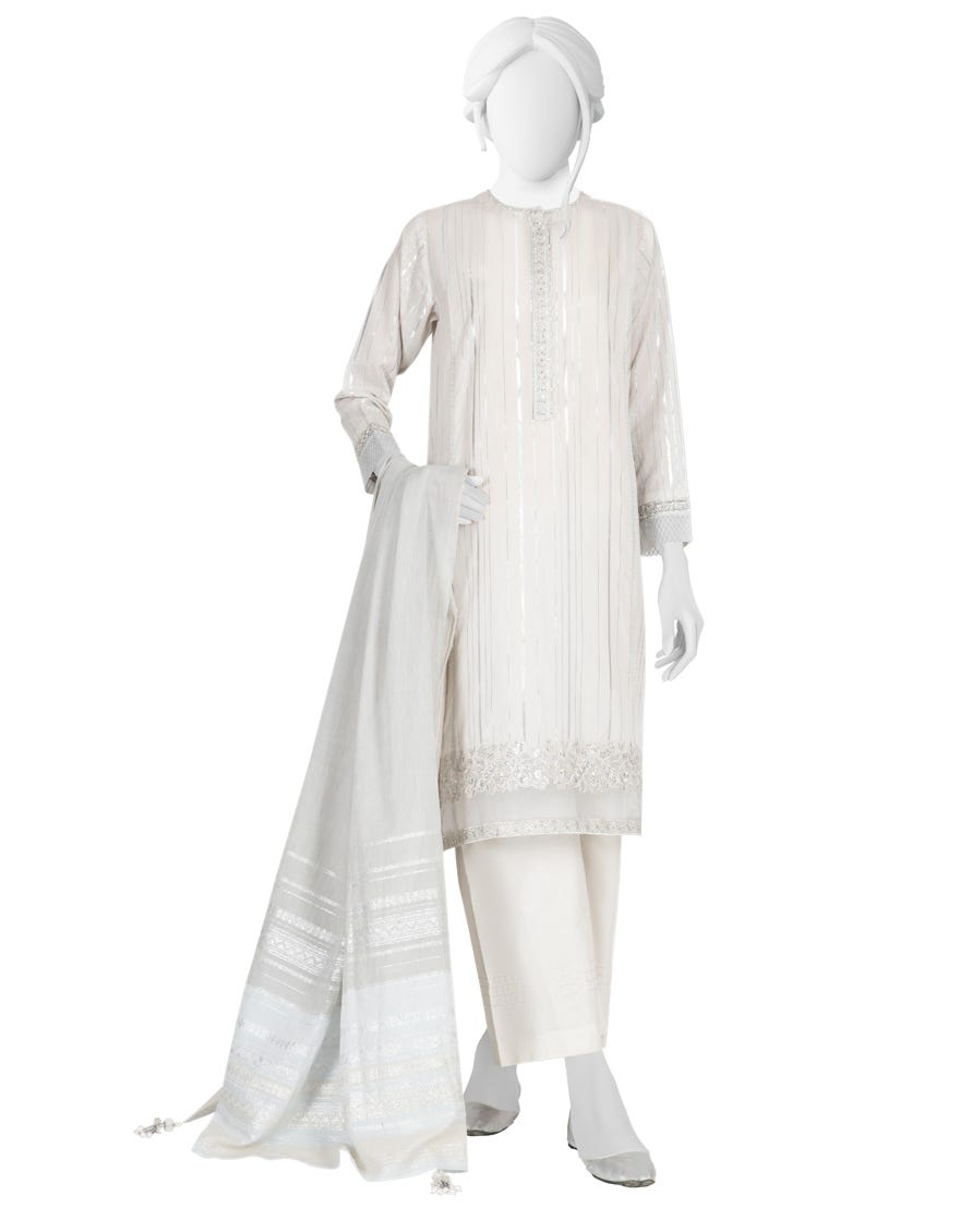 Grey Jacquard 3 Piece Stitched Dress | Jlawn-S-23-227