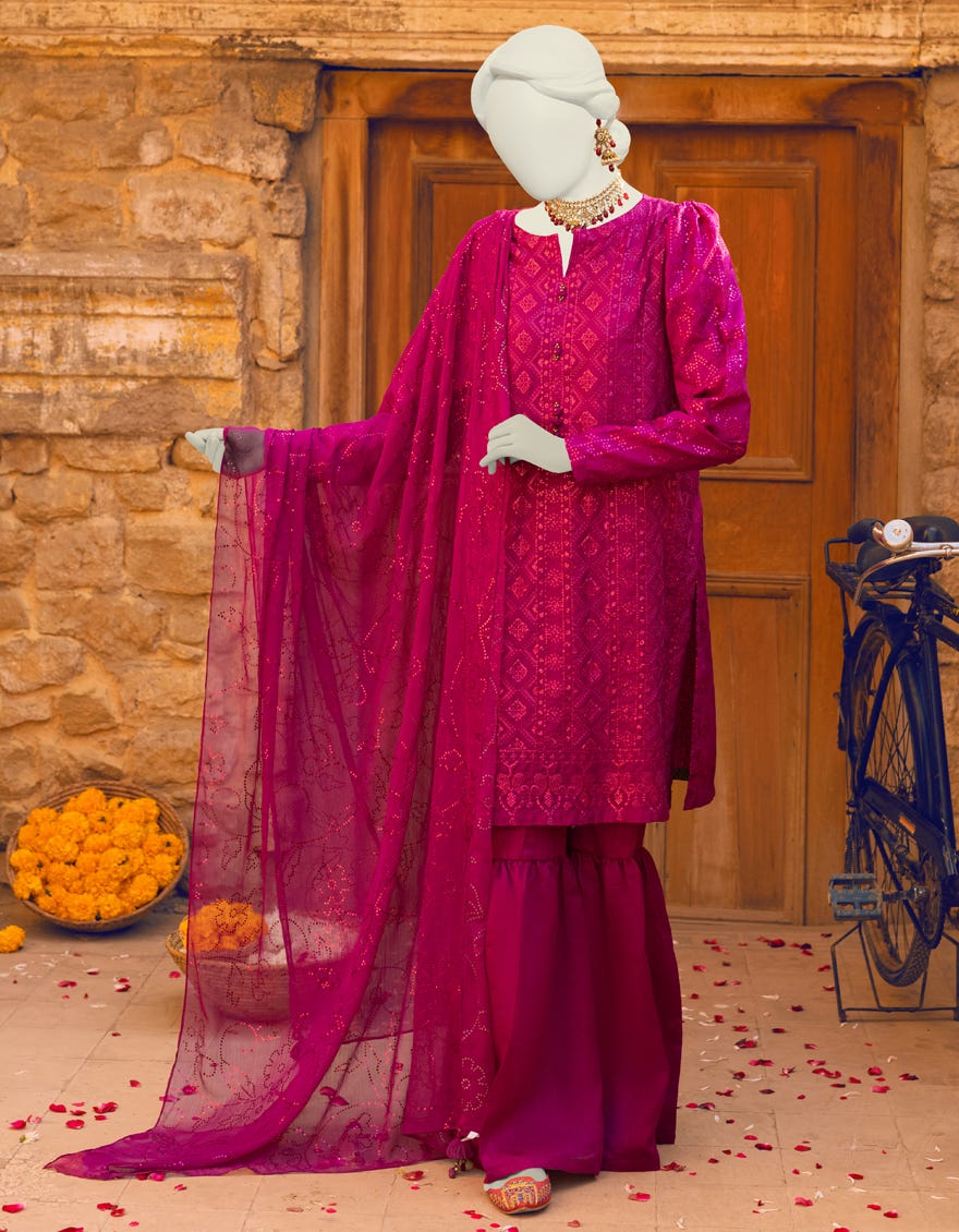 Magenta Raw Silk Unstitched 3 Piece Dress | Jlawn-S-23-229