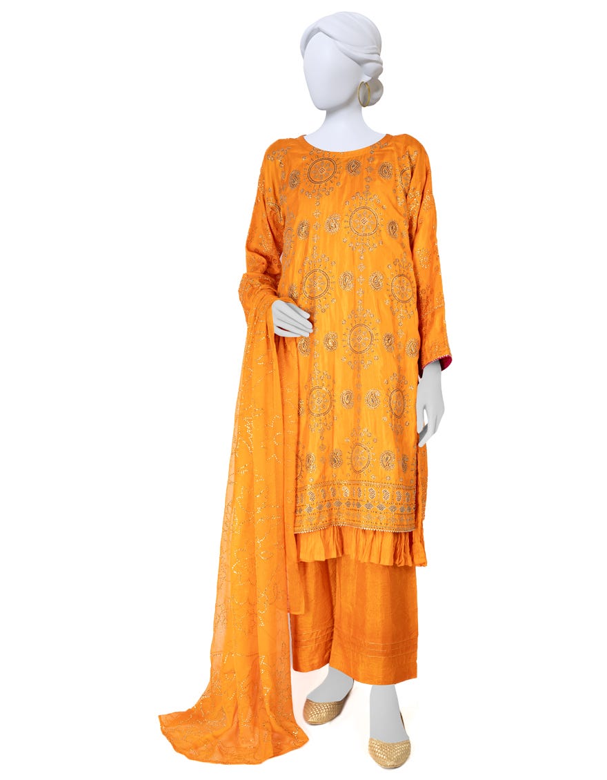 Orange Raw Silk 3 Piece Stitched Dress | Jlawn-S-23-230