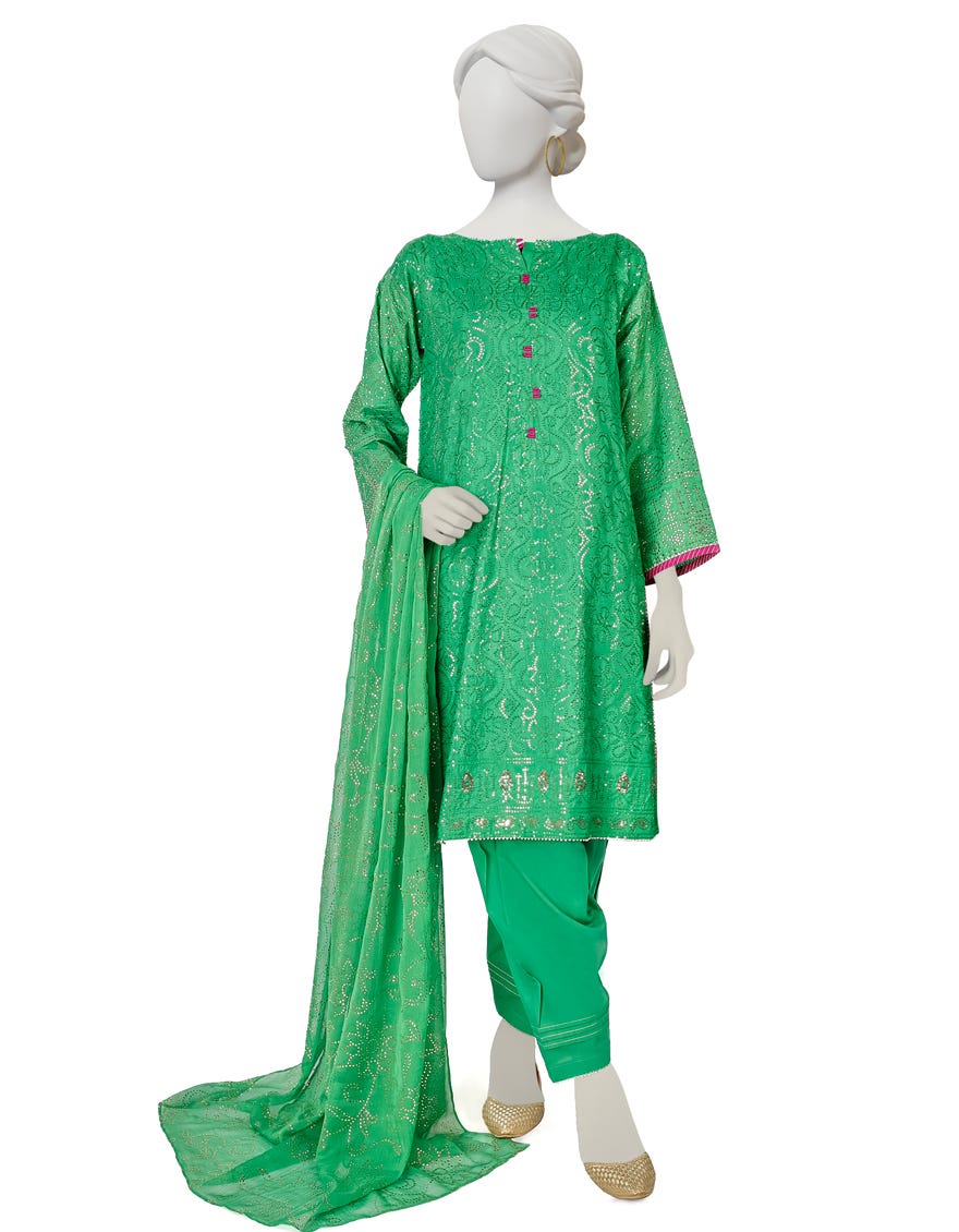 Green Raw Silk 3 Piece Stitched Dress | Jlawn-S-23-231