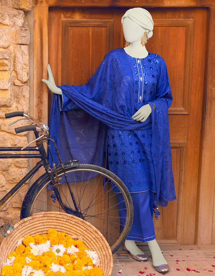 Blue Raw Silk Unstitched 3 Piece Dress | Jlawn-S-23-232