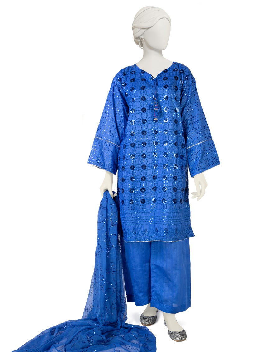 Blue Raw Silk 3 Piece Stitched Dress | Jlawn-S-23-232