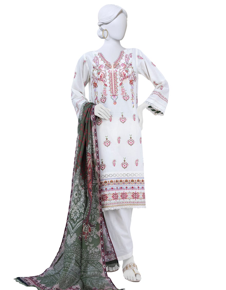 Off White Lawn 3 Piece Stitched Dress | Jlawn-S-23-254