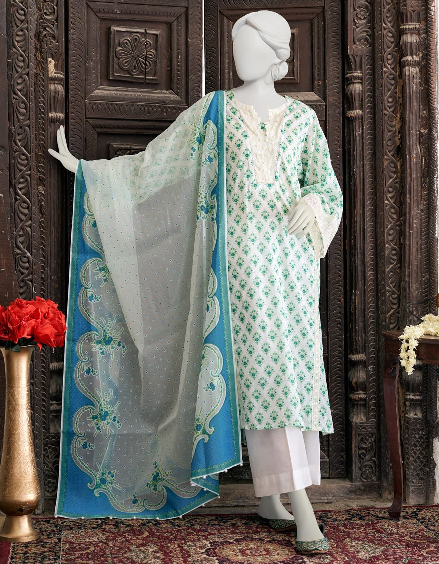 White Green Unstitched 3 Piece Dress | Jlawn-S-23-262