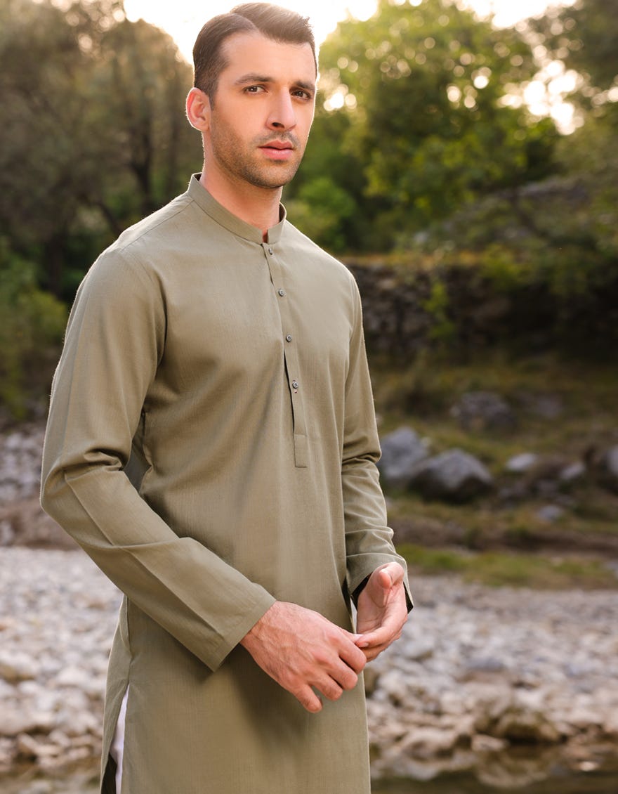 Army Green Cotton Men's Kurta | Jjk-A-37754