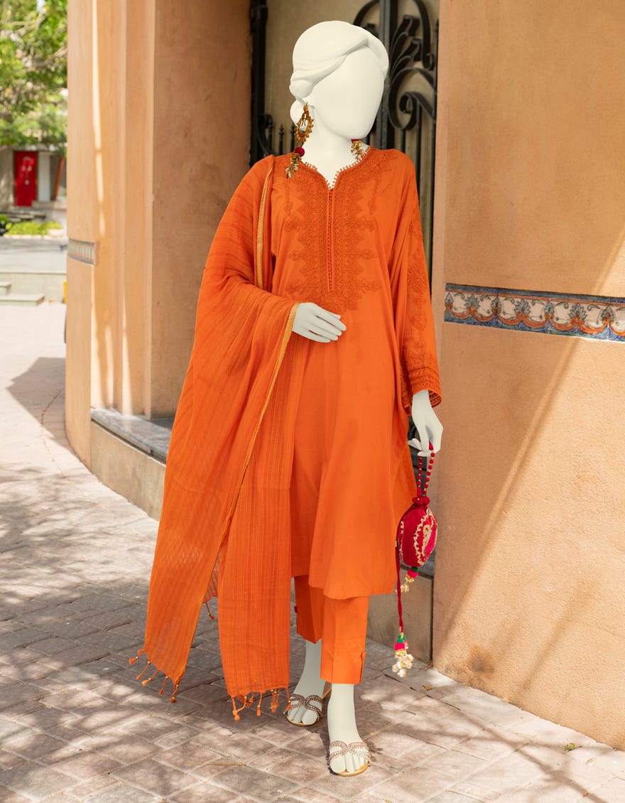 Orange Doria 3 Piece Stitched Dress | Jlawn-S-23-389