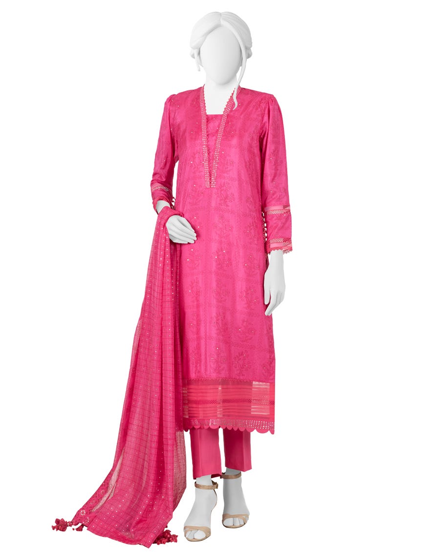 Dark Pink Raw Silk Unstitched 3 Piece Dress | Jlawn-S-23-290