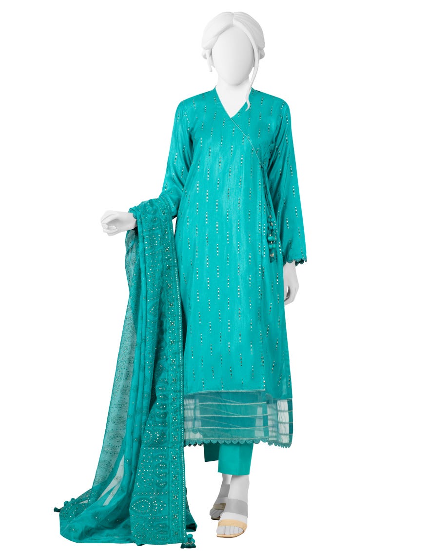 Sea Green Raw Silk Unstitched 3 Piece Dress | Jlawn-S-23-292