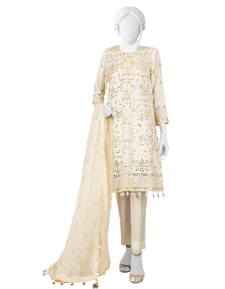Off White Raw Silk Unstitched 3 Piece Dress | Jlawn-S-23-294