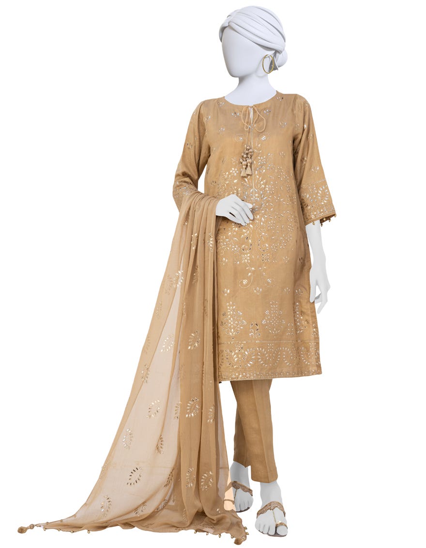Dark Beige Raw Silk Unstitched 3 Piece Dress | Jlawn-S-23-295