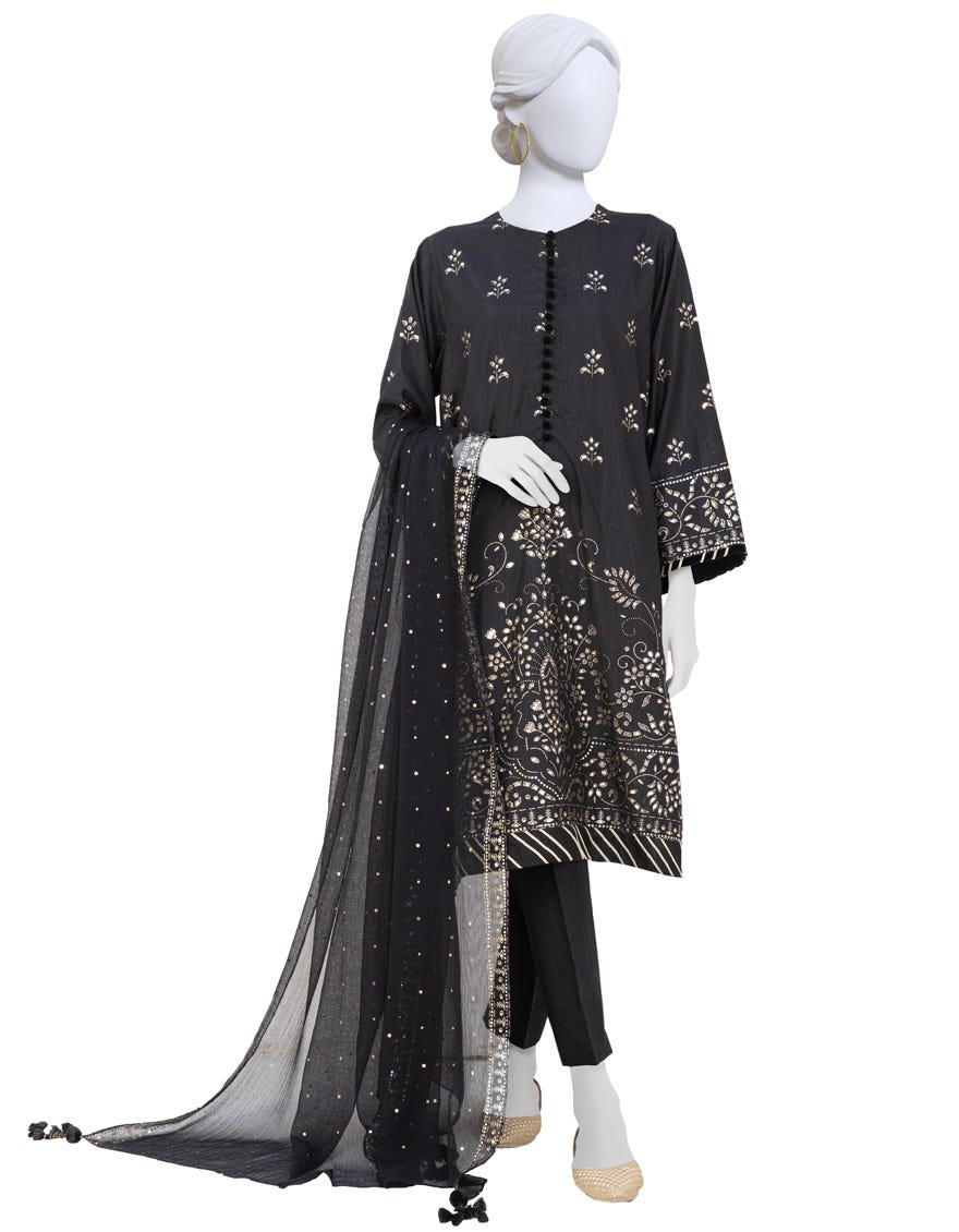 Black Raw Silk Unstitched 3 Piece Dress | Jlawn-S-23-296