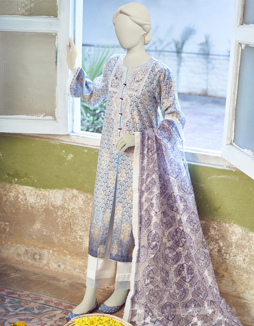 Blue Lawn Jacquard 3 Piece | Jlawn-S-23-298