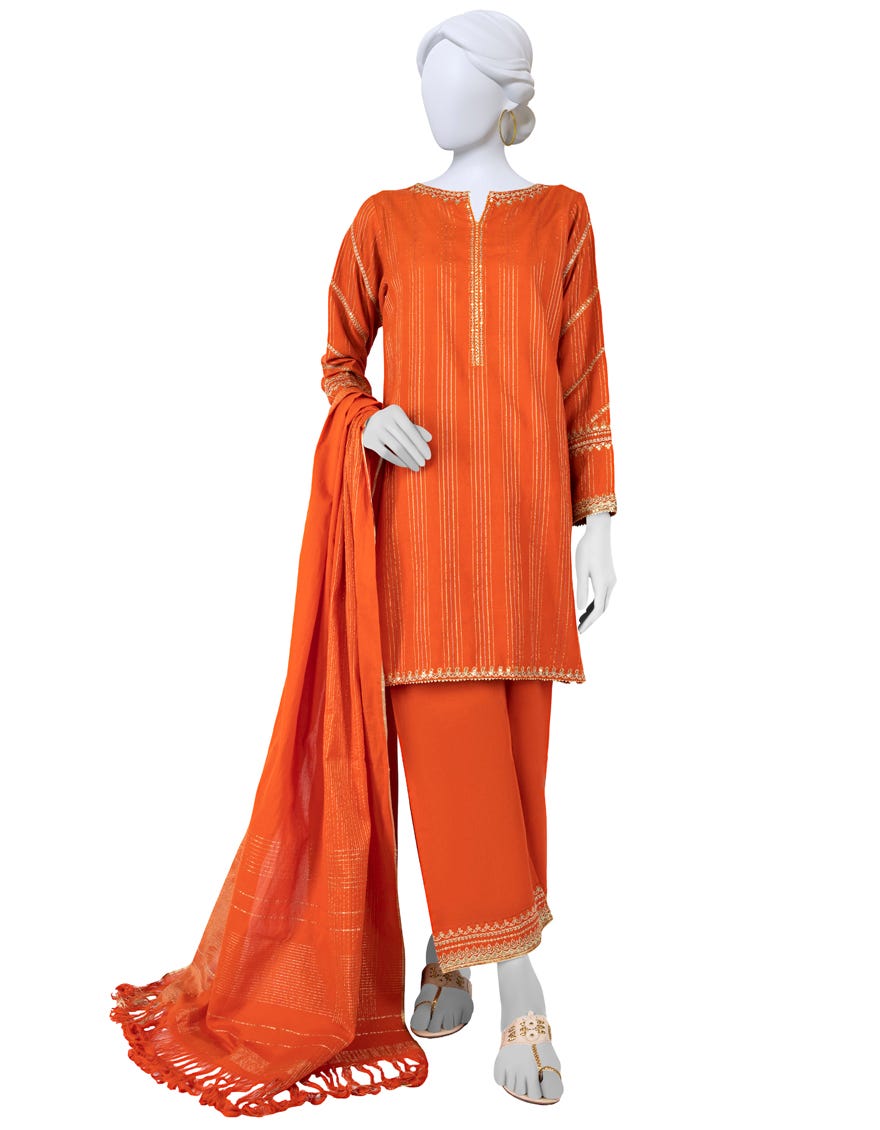 Orange Jacquard Unstitched 3 Piece Dress | Jlawn-S-23-317
