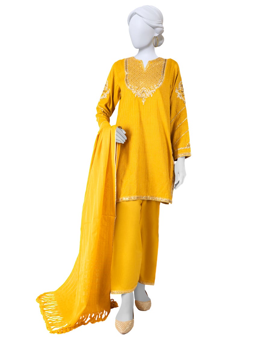 Yellow Jacquard Unstitched 3 Piece Dress | Jlawn-S-23-318
