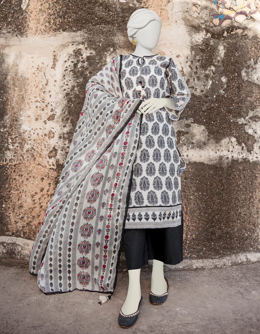 Off White Black Lawn Unstitched 3 Piece Dress | Jlawn-S-23-355