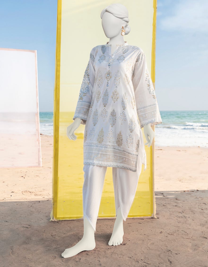 White Gold-Silver Lawn Women's Kurti | Jjlk-S-Jss-23-362