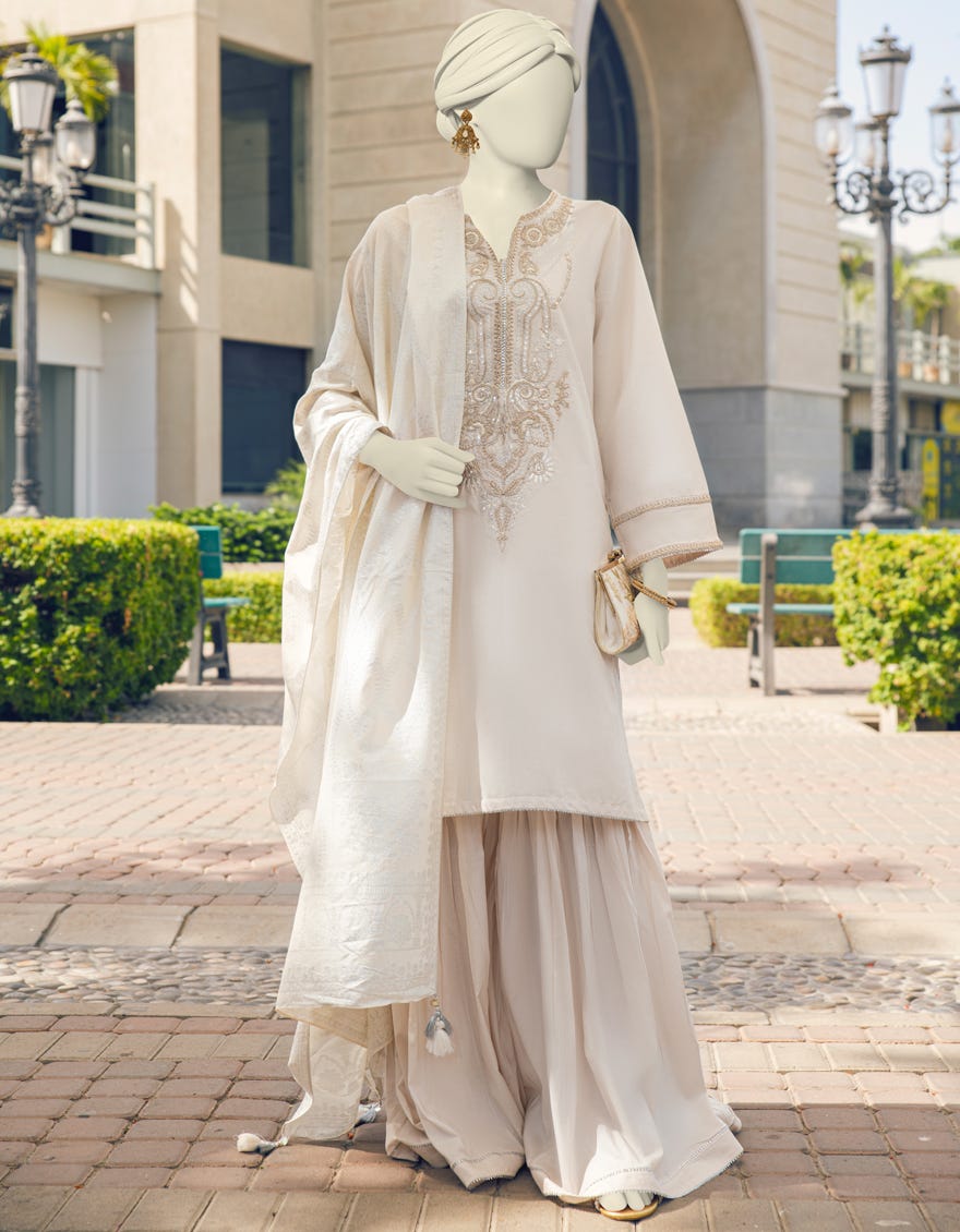 Off White Lawn 3 Piece Stitched Dress | Jlawn-S-23-370