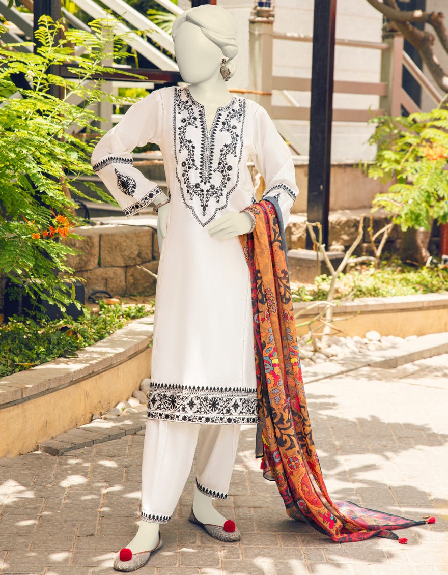 White Lawn 3 Piece Stitched Dress | Jlawn-S-23-375