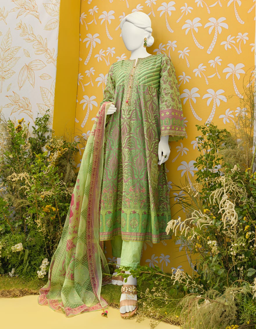 Green Lawn 3 Piece Stitched Dress | Jlawn-S-23-382