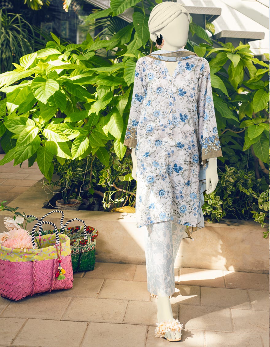White-Blue Lawn 3 Piece Stitched Dress | Jlawn-S-23-388