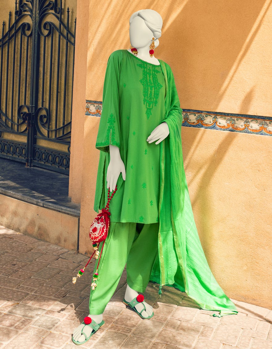 Green Doria 3 Piece Stitched Dress | Jlawn-S-23-392
