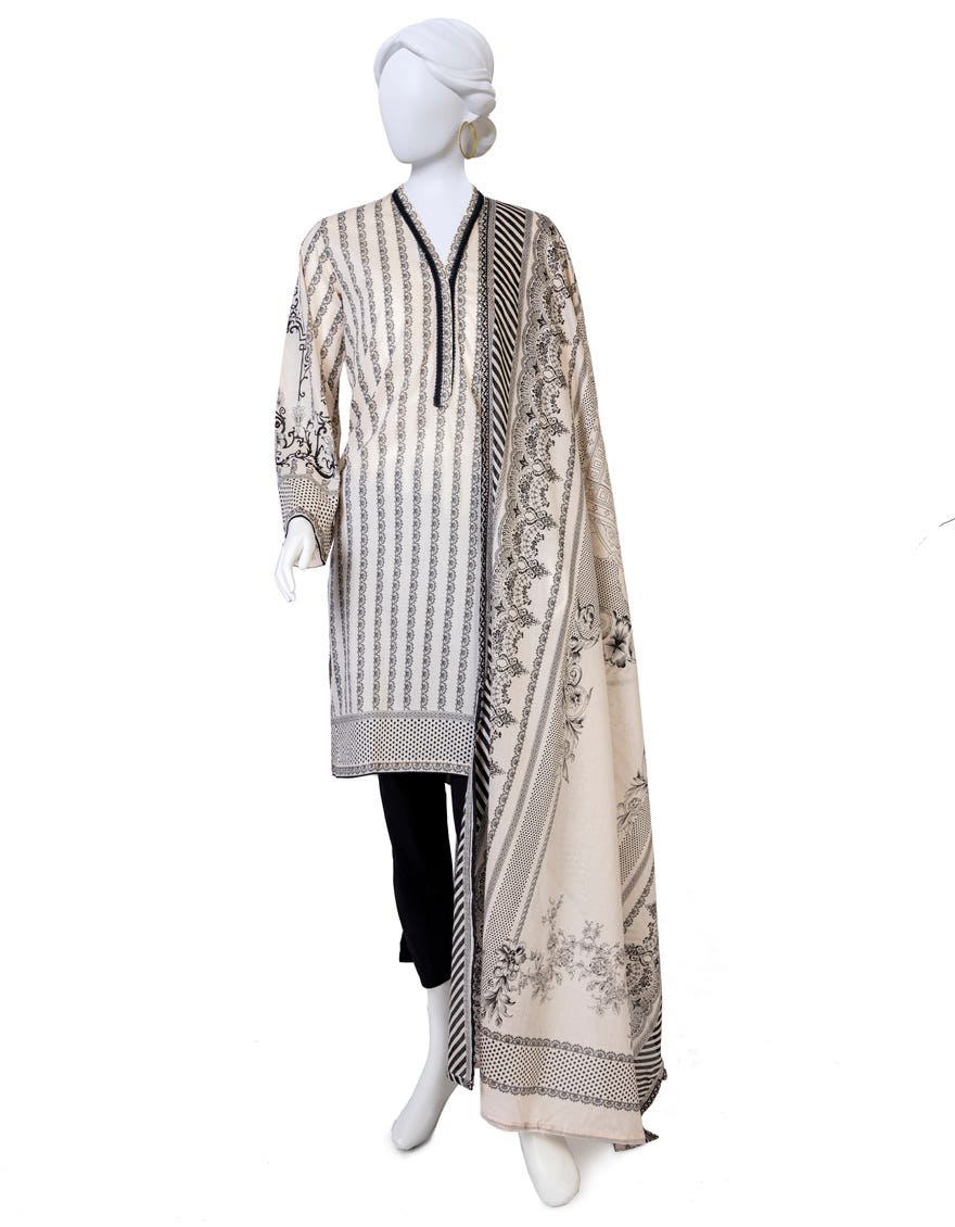 Off White Lawn 3 Piece Stitched Dress | Jlawn-S-23-394