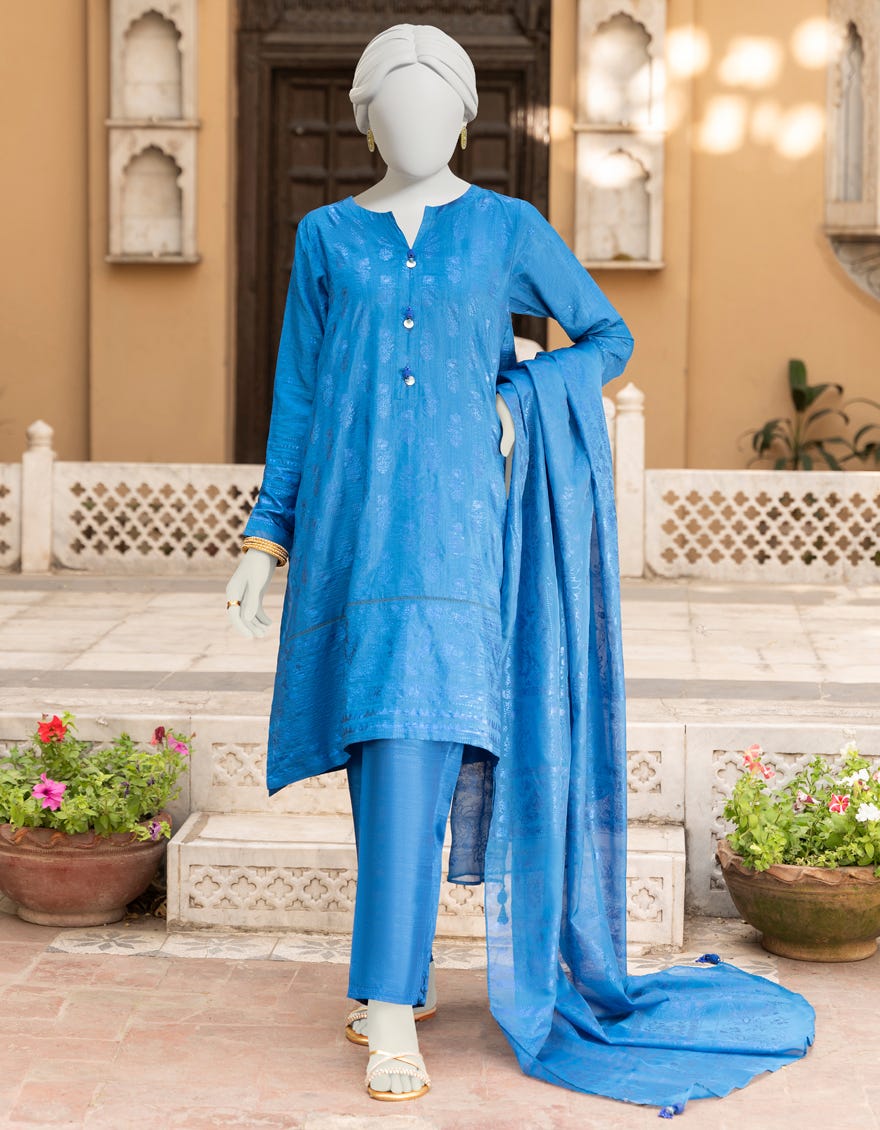 Blue Raw Silk 3 Piece Stitched Dress | Jlawn-S-23-407