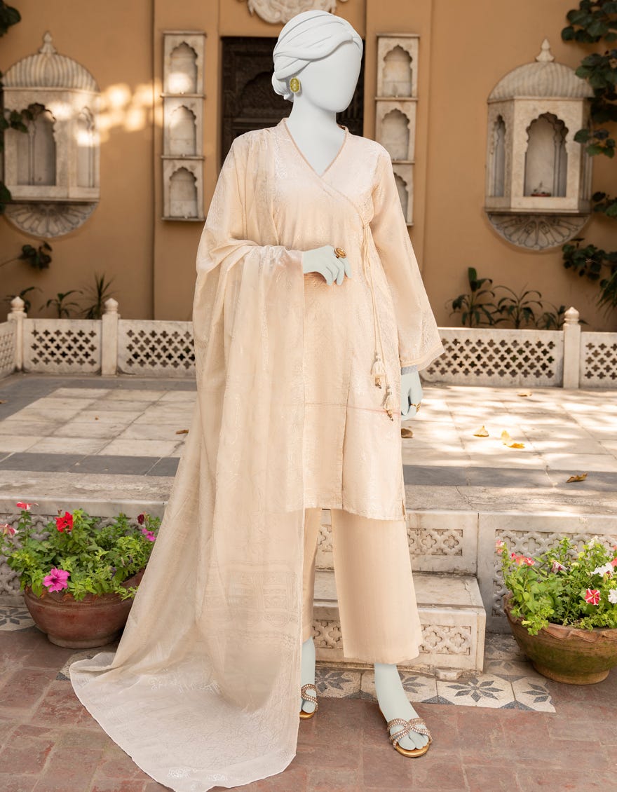 Off White Raw Silk 3 Piece Stitched Dress | Jlawn-S-23-409