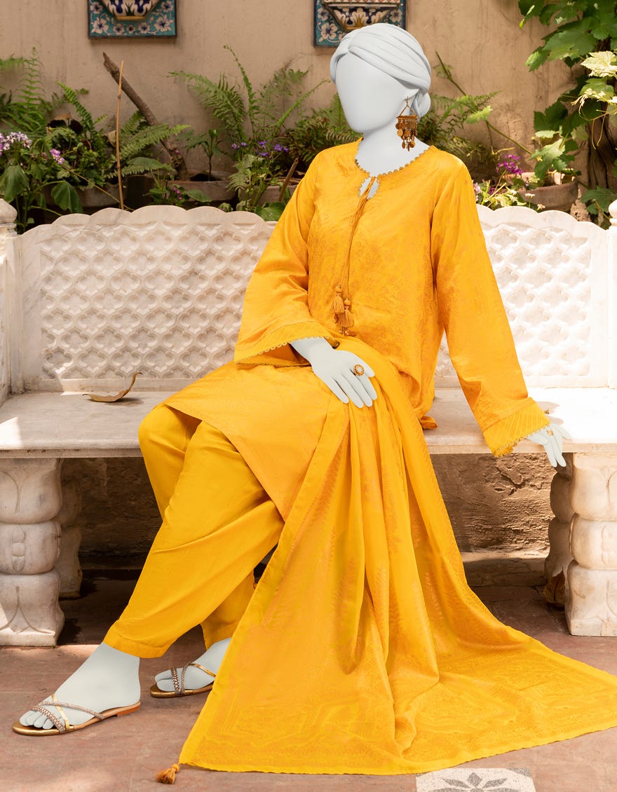 Mustard Raw Silk Unstitched 3 Piece Dress | Jlawn-S-23-410