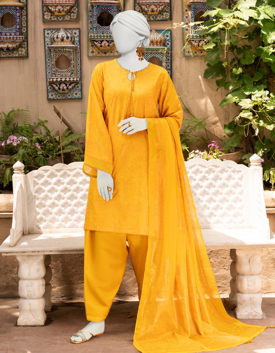 Mustard Raw Silk 3 Piece Stitched Dress | Jlawn-S-23-410