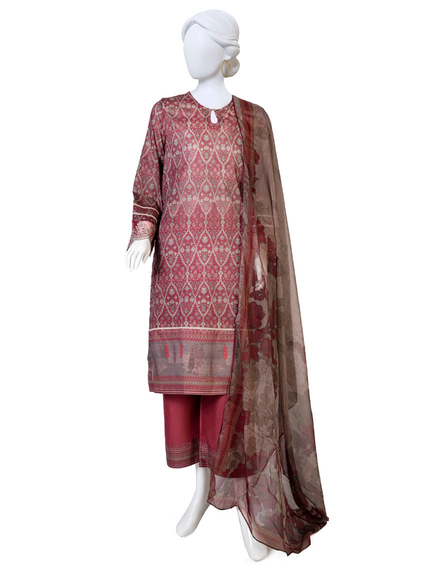 Maroon Lawn 3 Piece Stitched Dress | Jlawn-S-23-413