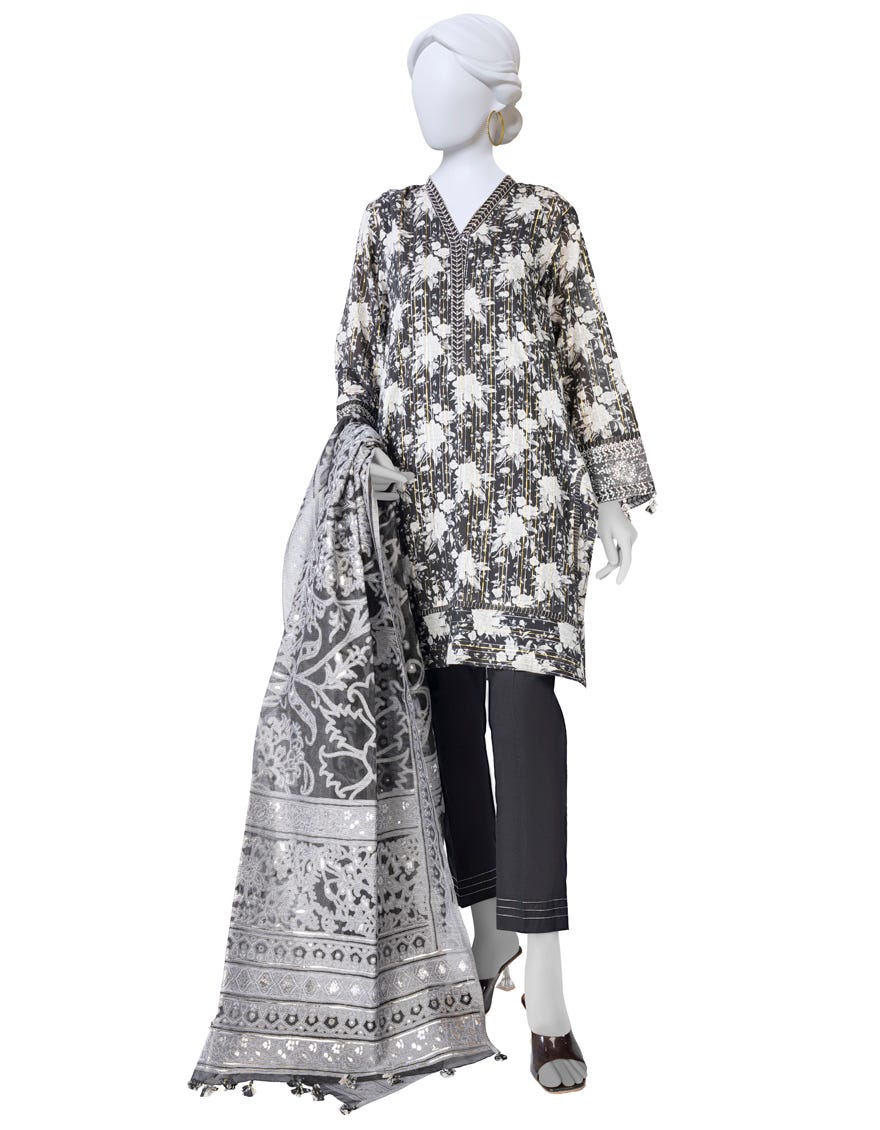 Black Lawn 3 Piece Stitched Dress | Jlawn-S-23-415