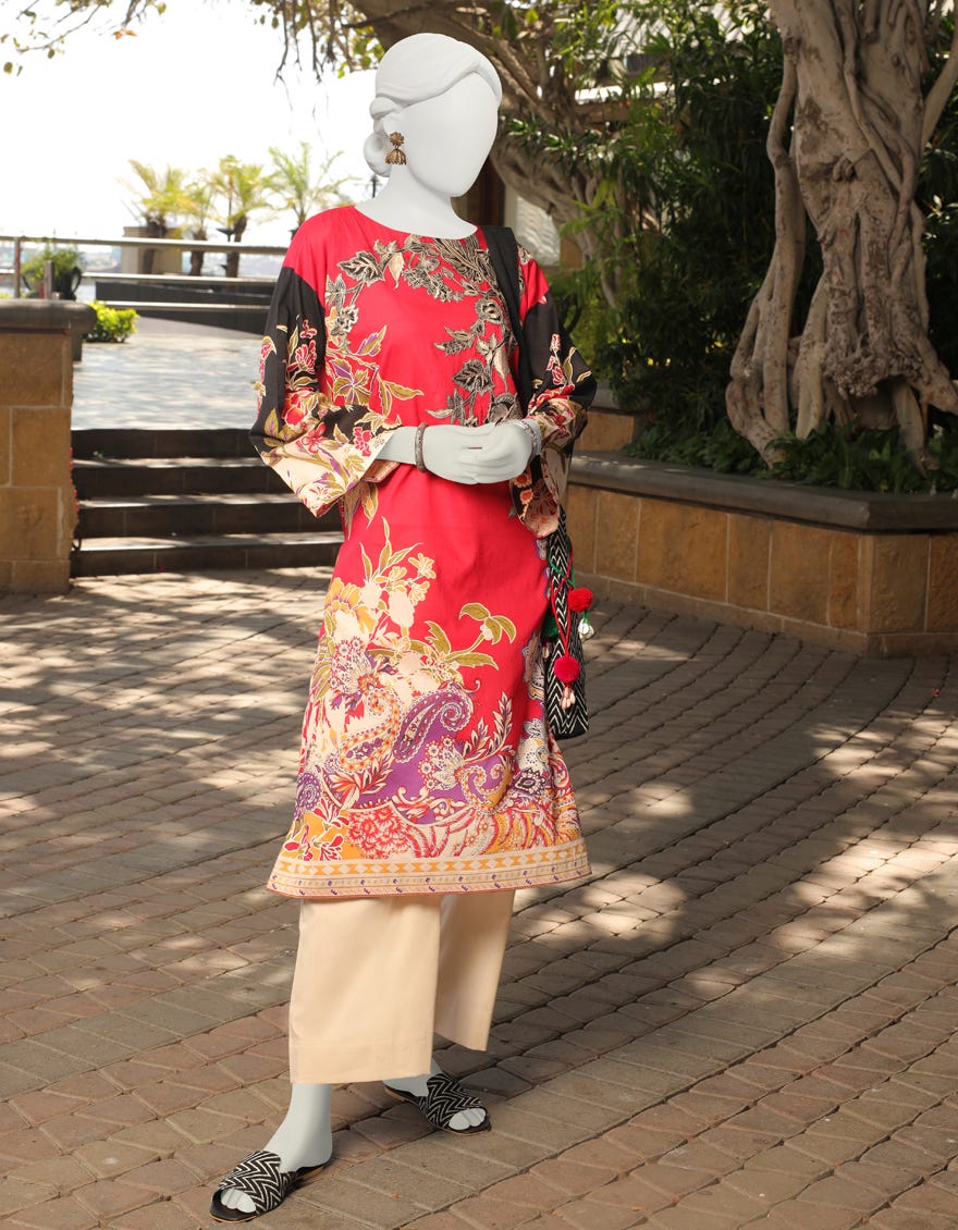 Red-Black Lawn Women's Kurti | Jjlk-S-Jss-23-432