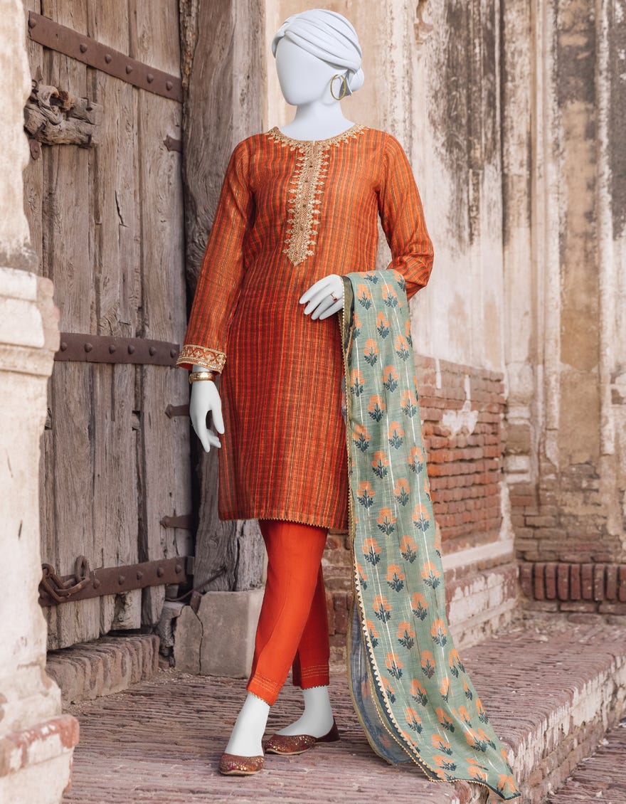 Rust Zari 3 Piece Stitched Dress | Jjpw-S-Jpws-23-557