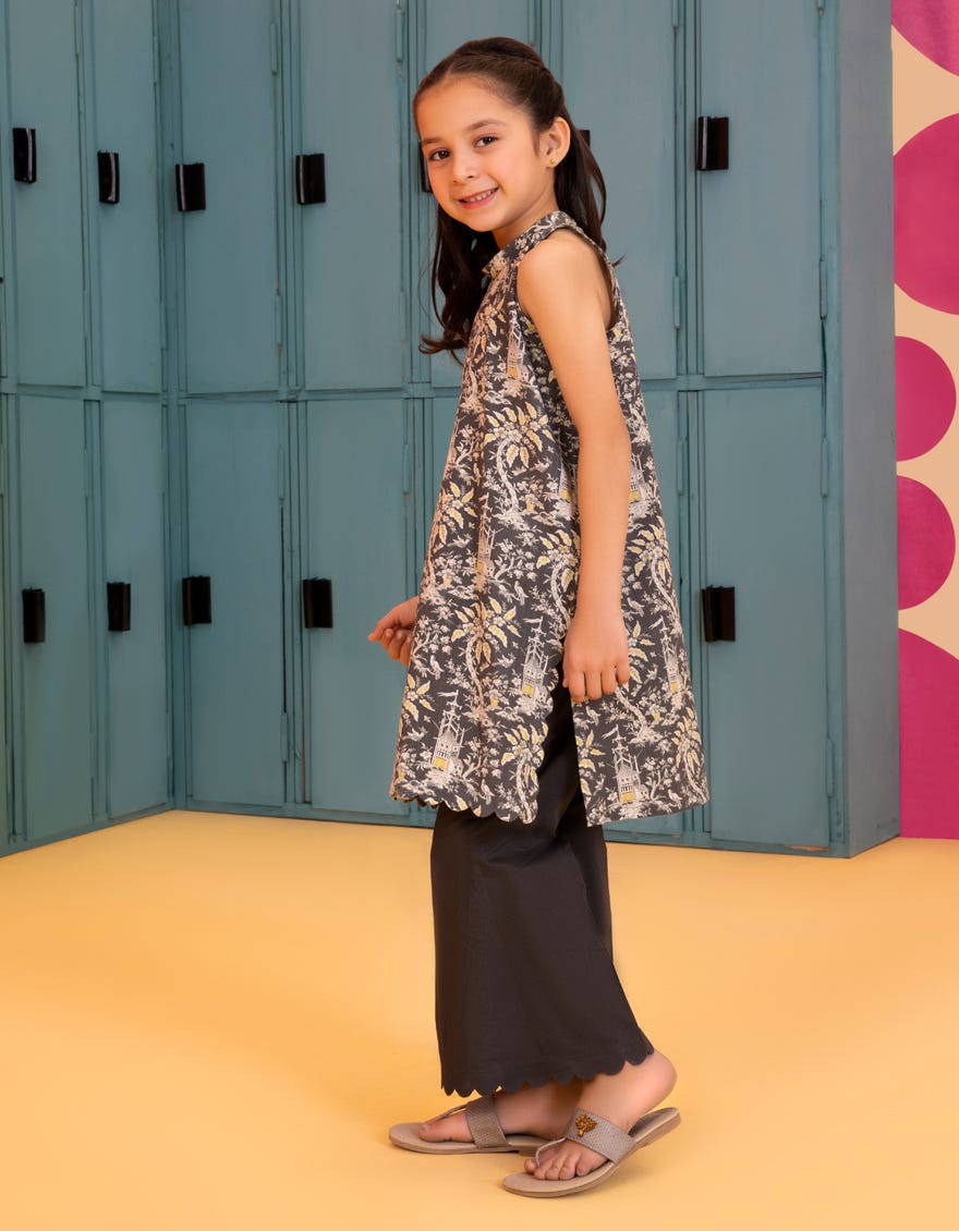 Charcoal Grey Dobby Girls 2 Piece Stitched | Jgkl-S-Jk2-23-5606