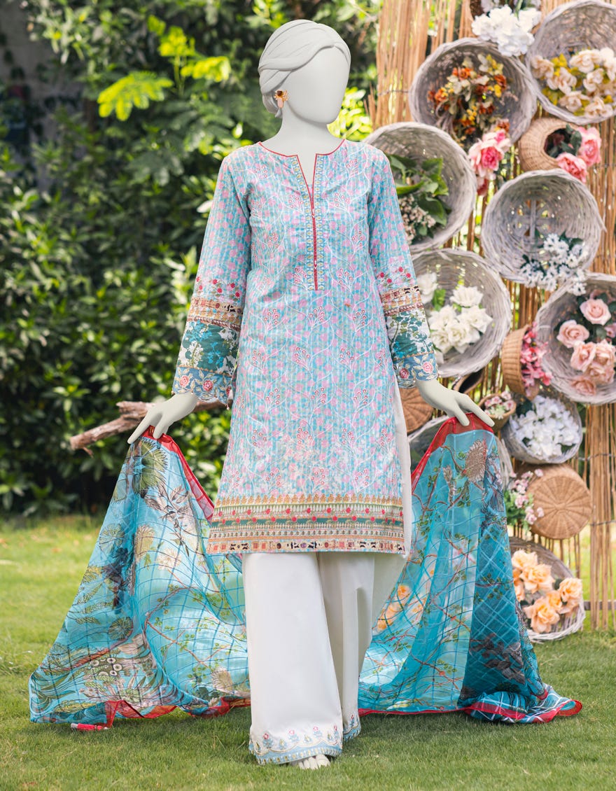 Sky Blue Cambric 3 Piece Stitched Dress | Jjpw-S-Jpws-23-583