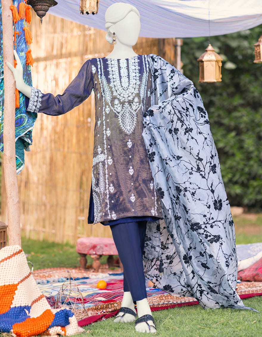 Navy Blue Zari 3 Piece Stitched Dress | Jjpw-S-Jpws-23-594