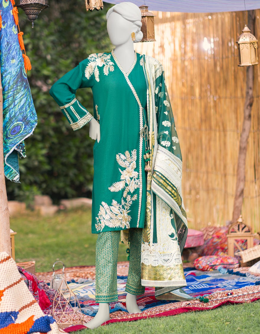 Green Dobby 3 Piece Stitched Dress | Jjpw-S-Jpws-23-597