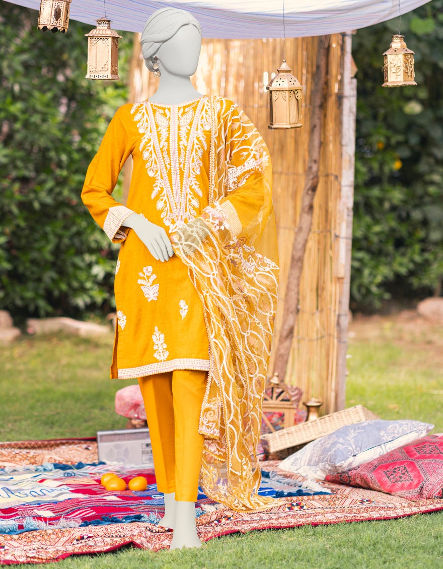 Mustard Cotton Dobby 3 Piece Stitched Dress | Jjpw-S-Jpws-23-598