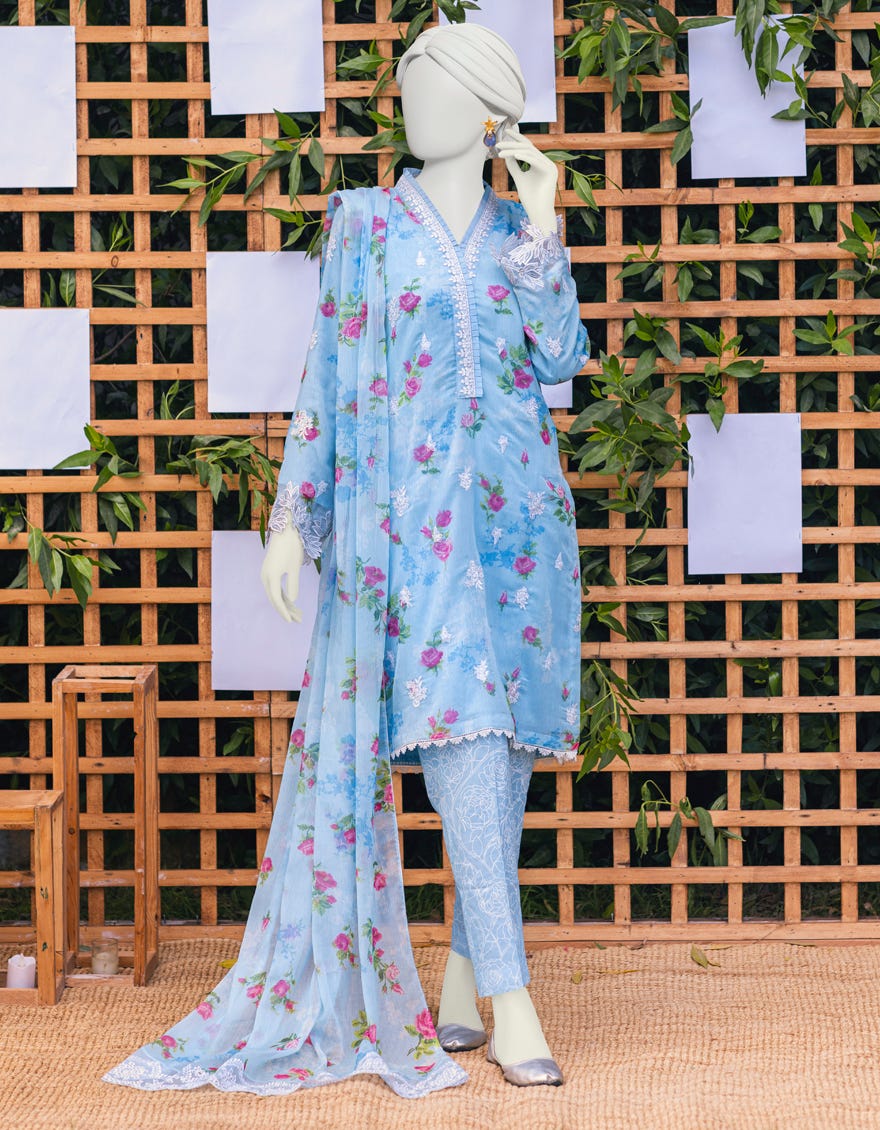 Blue Chiffon 3 Piece Stitched Dress | Jjpw-S-Jpws-23-607