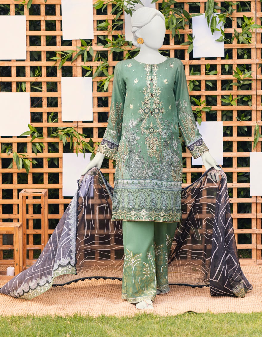 Green Chiffon 3 Piece Stitched Dress | Jjpw-S-Jpws-23-608