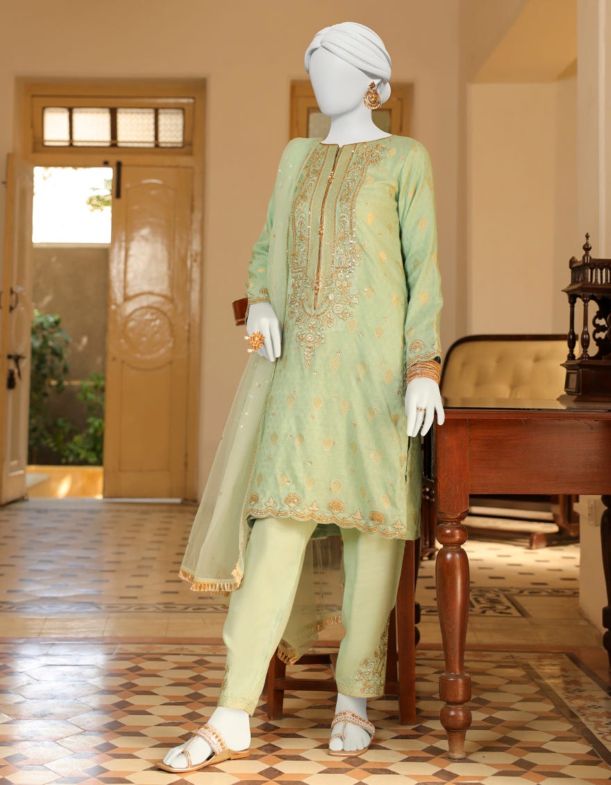 Sea Green Jacquard 3 Piece Stitched Dress | Jjpw-S-Jpws-23-614