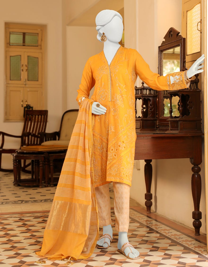 Yellow Net 3 Piece Stitched Dress | Jjpw-S-Jpws-23-616